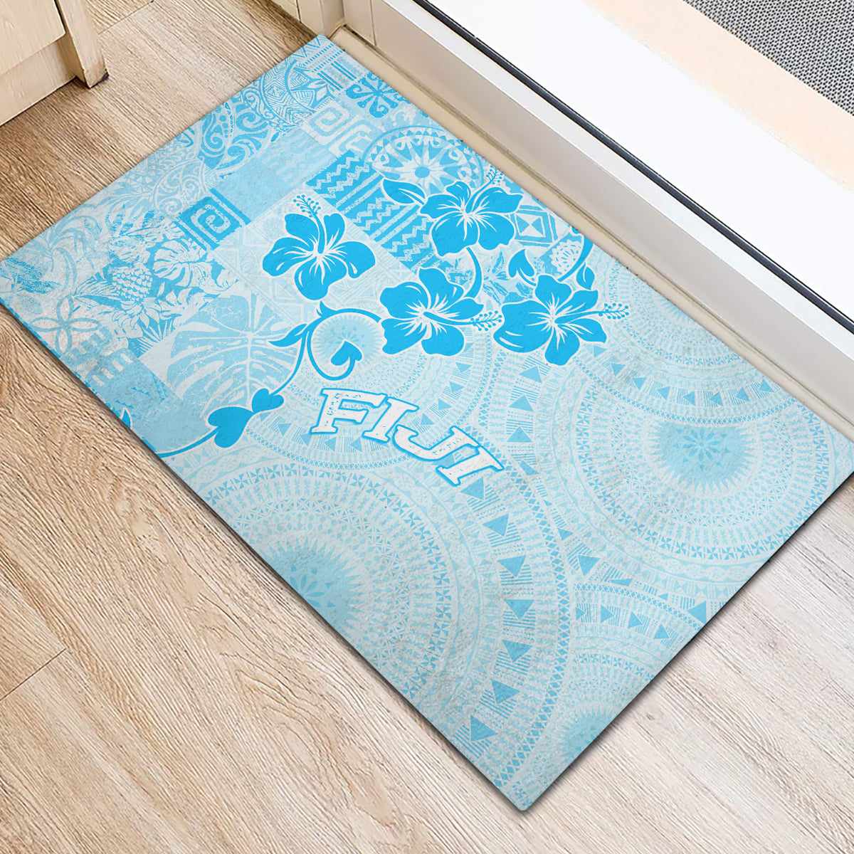 Fiji Masi With Hibiscus Tapa Tribal Rubber Doormat Sky Blue Pastel LT01 - Polynesian Pride