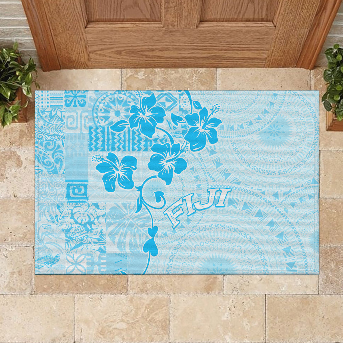Fiji Masi With Hibiscus Tapa Tribal Rubber Doormat Sky Blue Pastel LT01 - Polynesian Pride