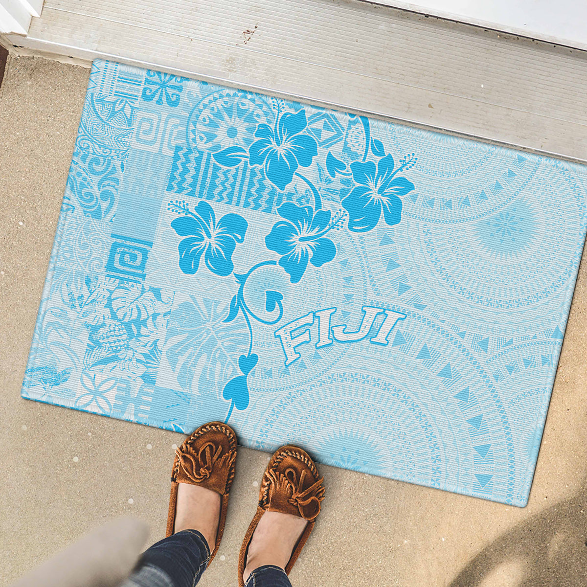 Fiji Masi With Hibiscus Tapa Tribal Rubber Doormat Sky Blue Pastel LT01 - Polynesian Pride
