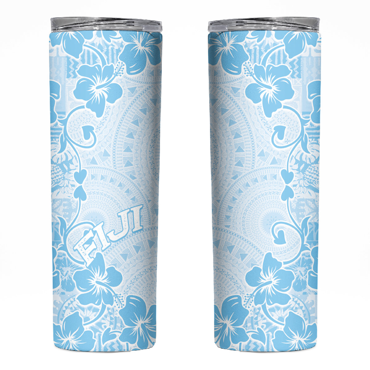 Fiji Masi With Hibiscus Tapa Tribal Skinny Tumbler Sky Blue Pastel LT01 Blue - Polynesian Pride