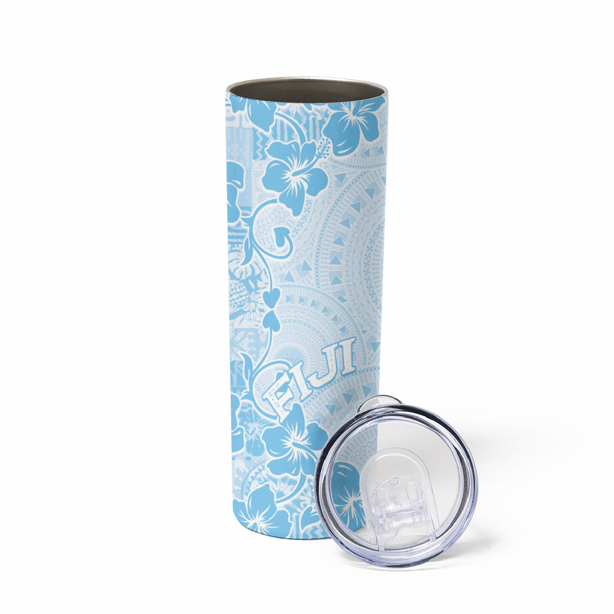 Fiji Masi With Hibiscus Tapa Tribal Skinny Tumbler Sky Blue Pastel LT01 - Polynesian Pride