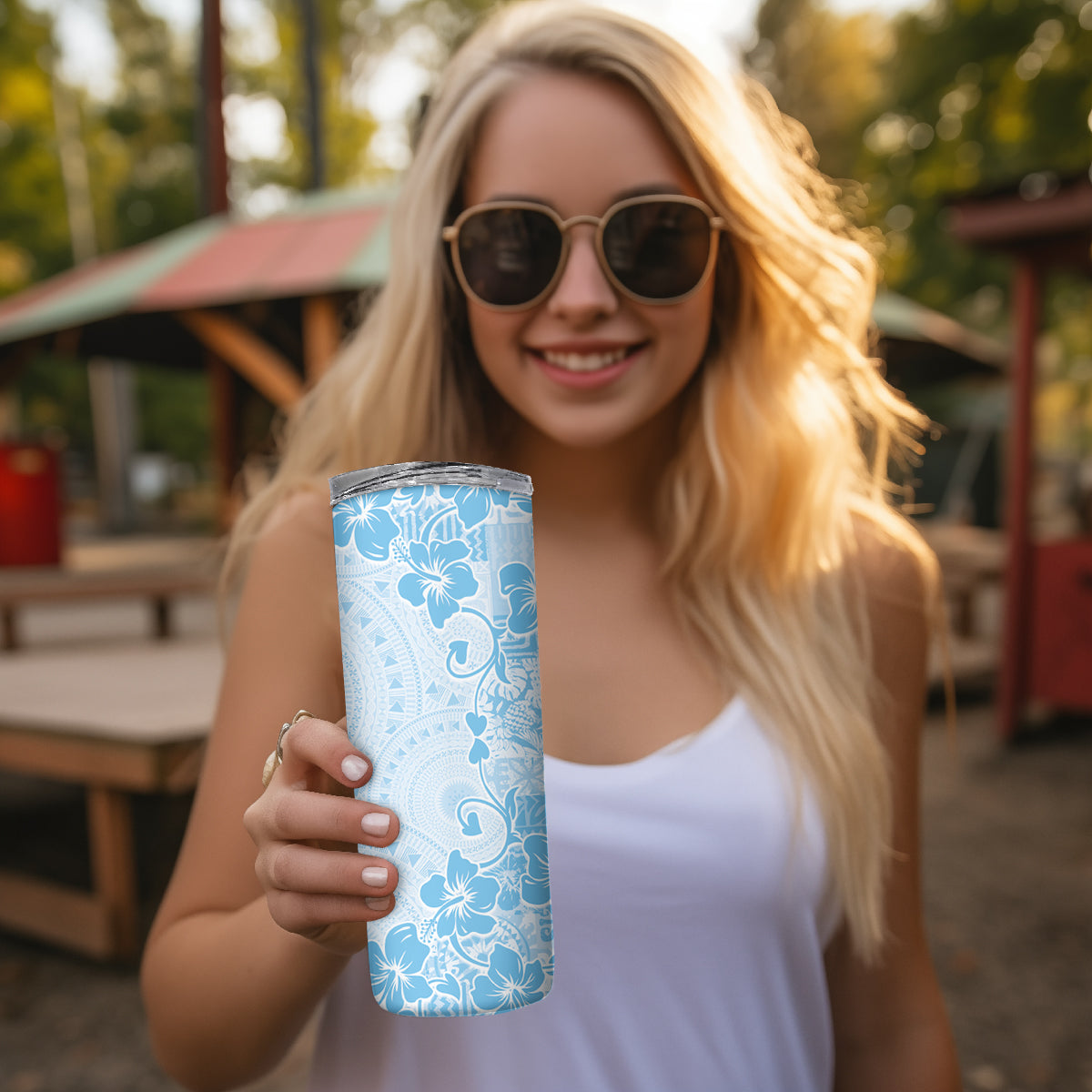 Fiji Masi With Hibiscus Tapa Tribal Skinny Tumbler Sky Blue Pastel LT01 - Polynesian Pride