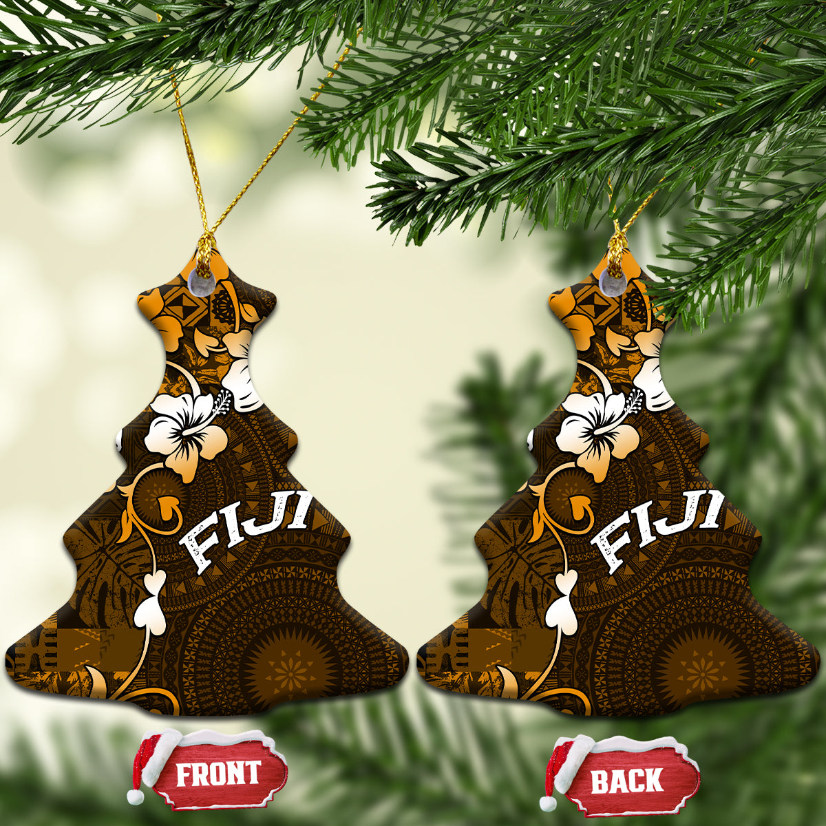 Fiji Masi With Hibiscus Tapa Tribal Ceramic Ornament Gold Version LT01 Christmas Tree Gold - Polynesian Pride