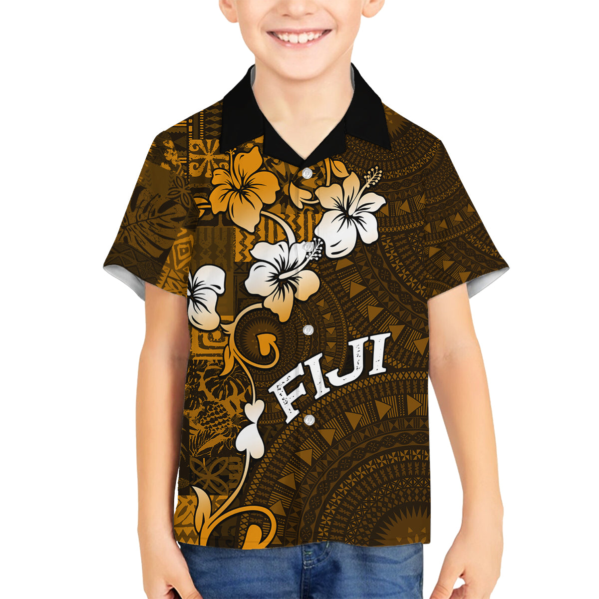 Fiji Masi With Hibiscus Tapa Tribal Family Matching Off Shoulder Long Sleeve Dress and Hawaiian Shirt Gold Version LT01 Son's Shirt Gold - Polynesian Pride