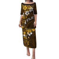Fiji Masi With Hibiscus Tapa Tribal Family Matching Puletasi Dress and Hawaiian Shirt Gold Version LT01 Mom's Dress Gold - Polynesian Pride