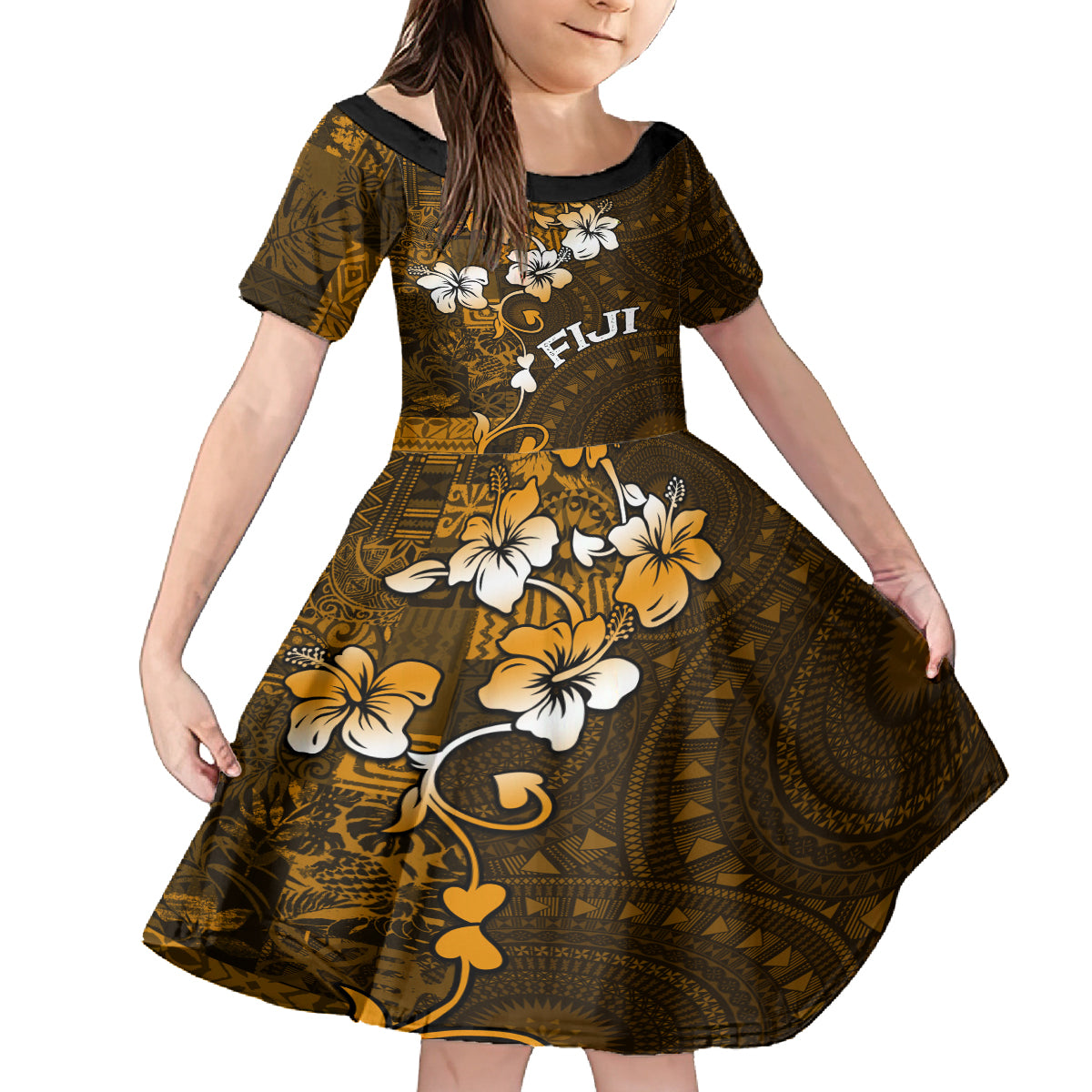 Fiji Masi With Hibiscus Tapa Tribal Family Matching Tank Maxi Dress and Hawaiian Shirt Gold Version LT01 Daughter's Dress Gold - Polynesian Pride