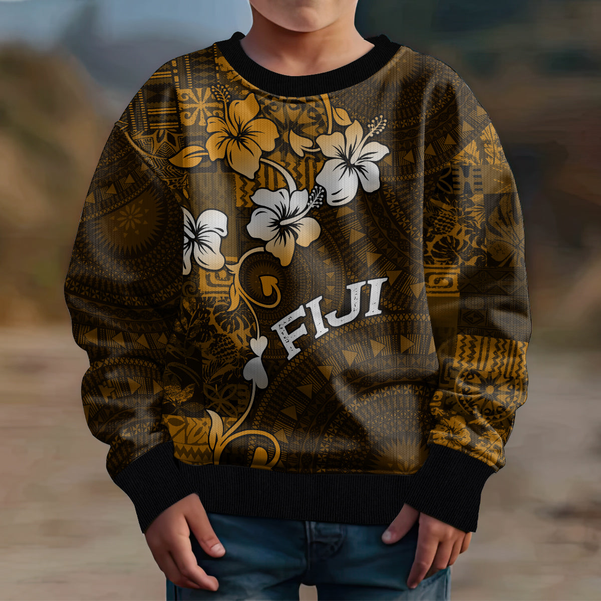 Fiji Masi With Hibiscus Tapa Tribal Kid Ugly Christmas Sweater Gold Version LT01 - Polynesian Pride