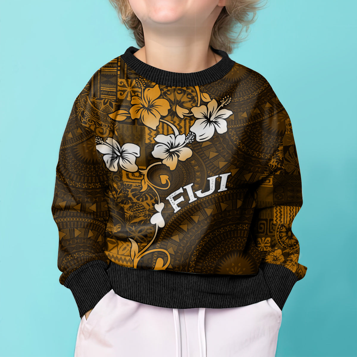 Fiji Masi With Hibiscus Tapa Tribal Kid Ugly Christmas Sweater Gold Version LT01 - Polynesian Pride