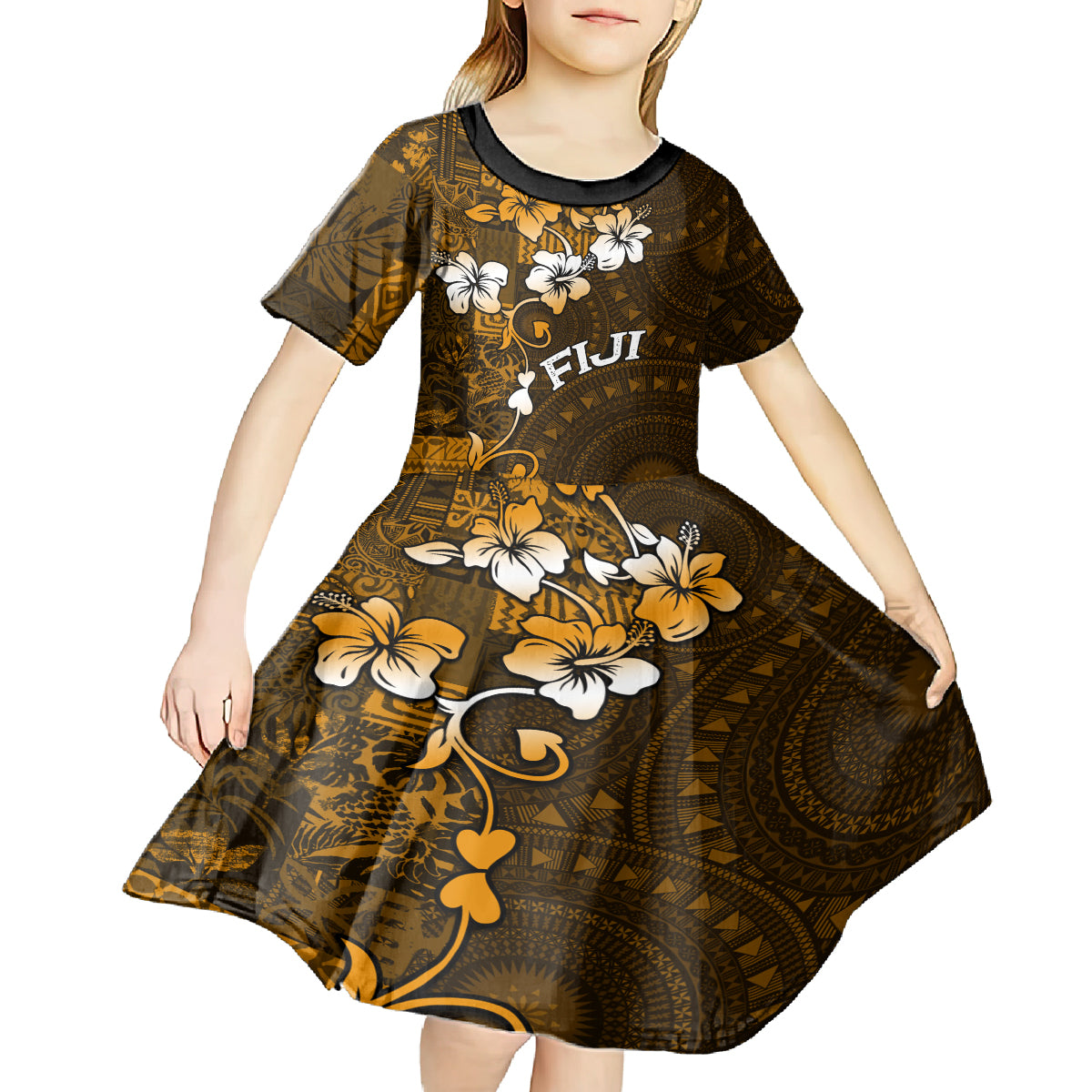 Fiji Masi With Hibiscus Tapa Tribal Kid Short Sleeve Dress Gold Version LT01 - Polynesian Pride