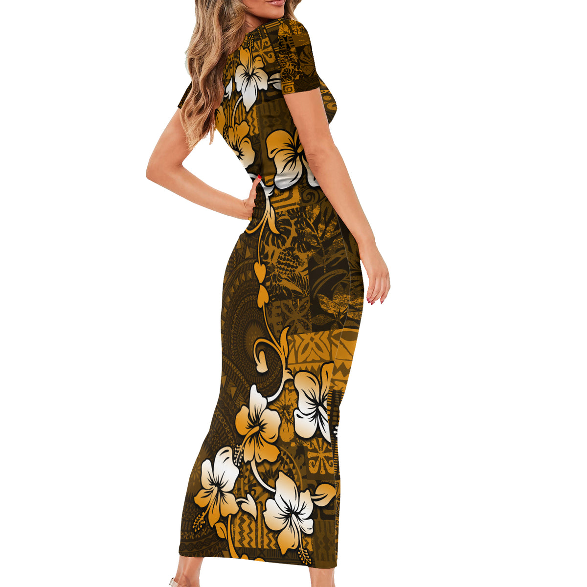 Fiji Masi With Hibiscus Tapa Tribal Short Sleeve Bodycon Dress Gold Version LT01 - Polynesian Pride