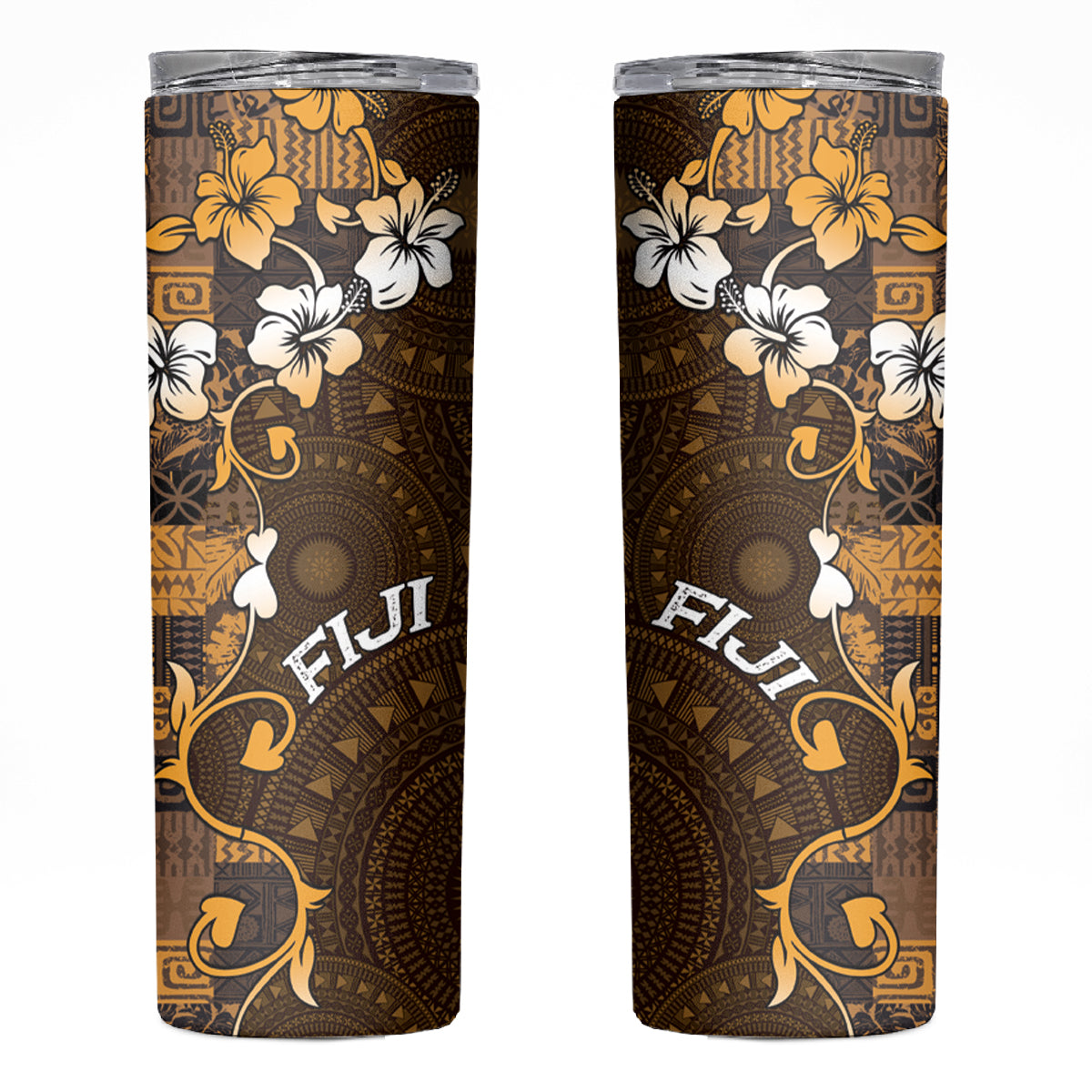 Fiji Masi Skinny Tumbler Fijian Hibiscus Tapa Gold Version LT01 Gold - Polynesian Pride