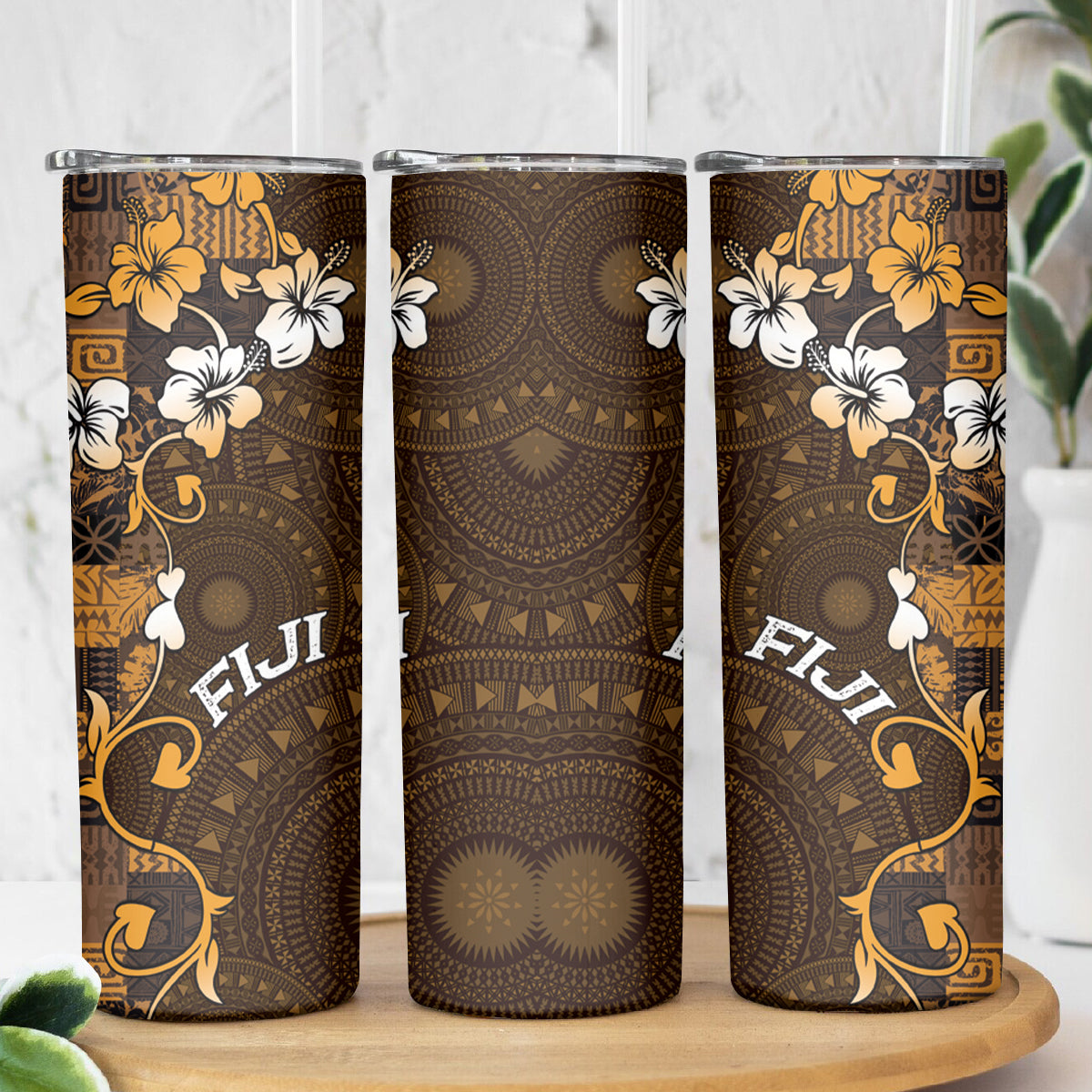 Fiji Masi Skinny Tumbler Fijian Hibiscus Tapa Gold Version LT01 - Polynesian Pride