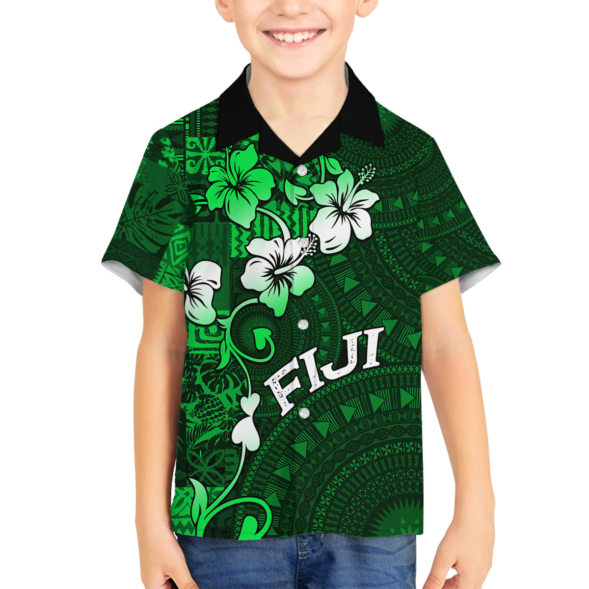 Fiji Masi Family Matching Off Shoulder Short Dress and Hawaiian Shirt Fijian Hibiscus Tapa Green Version LT01 Son's Shirt Green - Polynesian Pride
