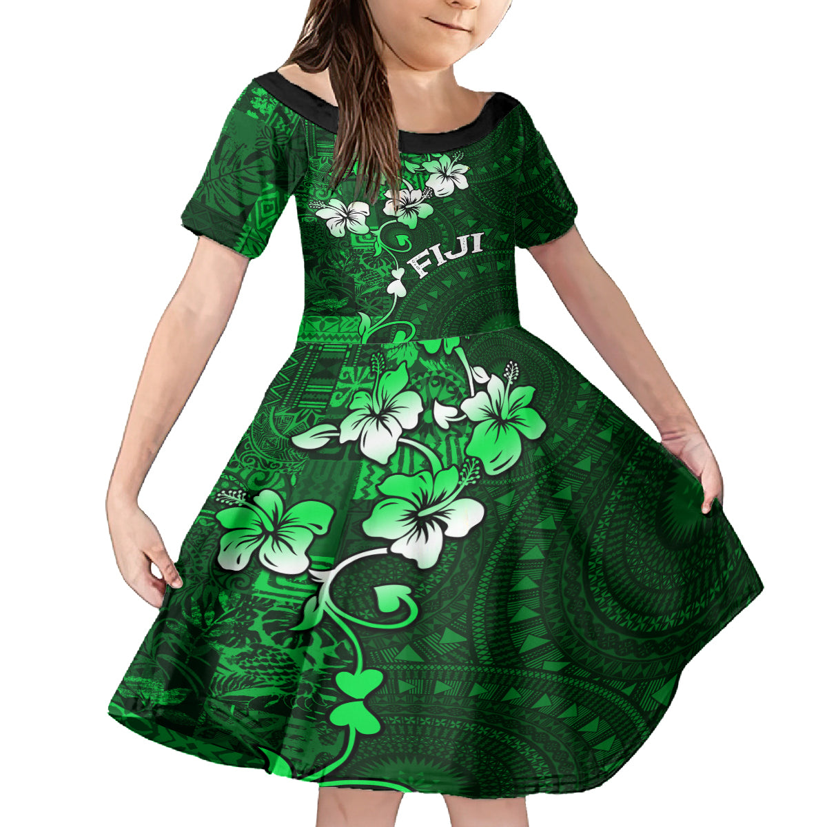 Fiji Masi Family Matching Tank Maxi Dress and Hawaiian Shirt Fijian Hibiscus Tapa Green Version LT01 Daughter's Dress Green - Polynesian Pride