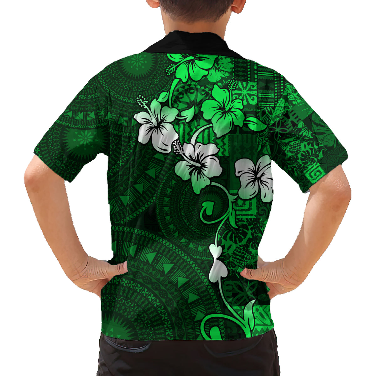 Fiji Masi Kid Hawaiian Shirt Fijian Hibiscus Tapa Green Version LT01 - Polynesian Pride