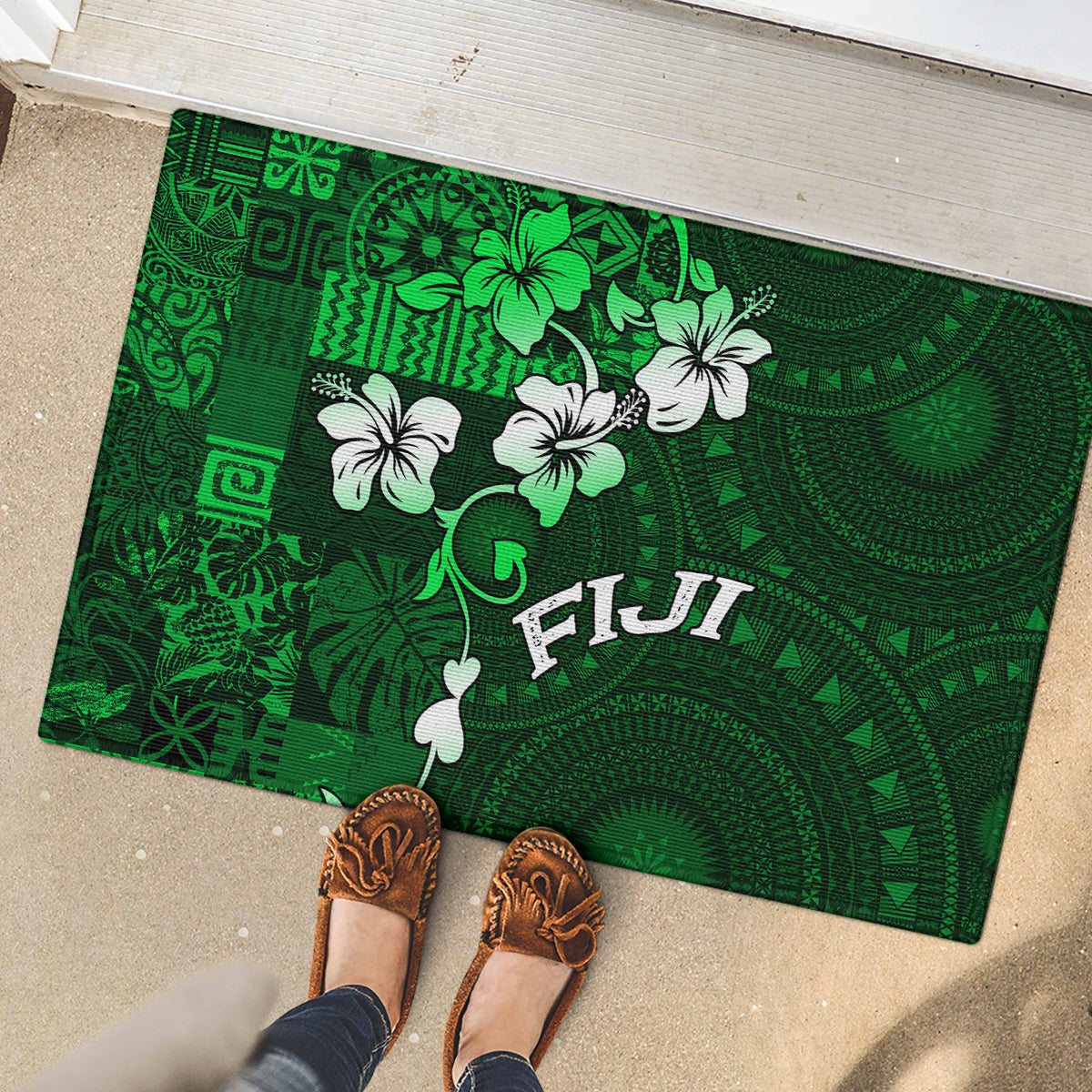 Fiji Masi Rubber Doormat Fijian Hibiscus Tapa Green Version LT01 - Polynesian Pride