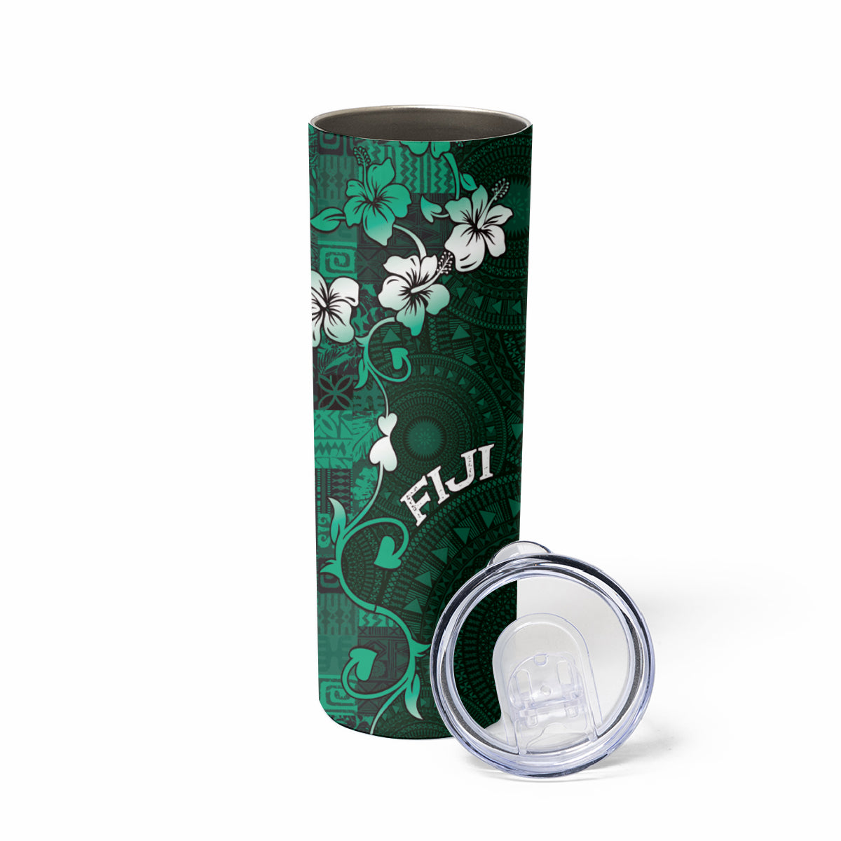 Fiji Masi Skinny Tumbler Fijian Hibiscus Tapa Green Version LT01 - Polynesian Pride