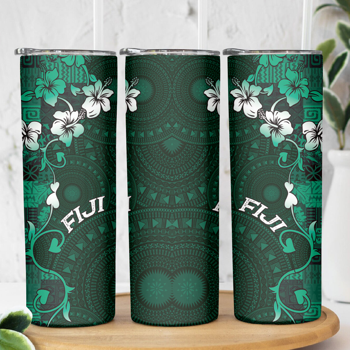 Fiji Masi Skinny Tumbler Fijian Hibiscus Tapa Green Version LT01 - Polynesian Pride