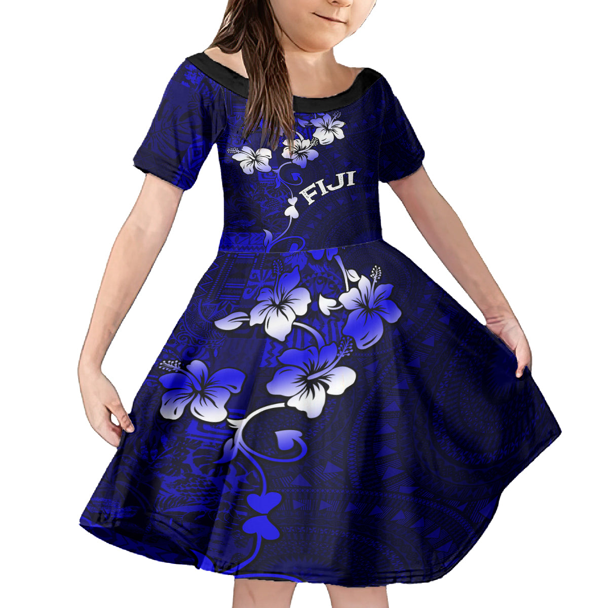 Fiji Masi Family Matching Tank Maxi Dress and Hawaiian Shirt Fijian Hibiscus Navy Blue Gold Version LT01 Daughter's Dress Blue - Polynesian Pride