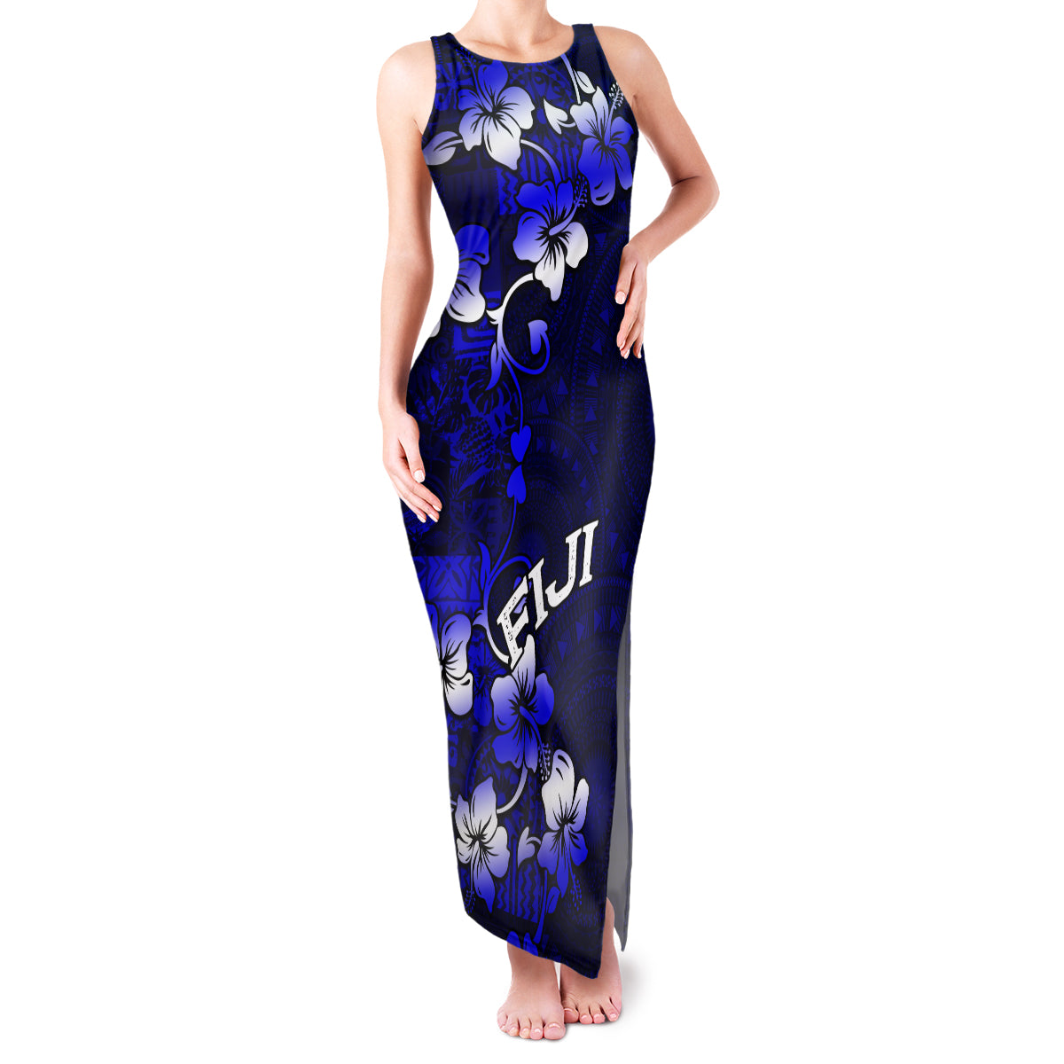 Fiji Masi Family Matching Tank Maxi Dress and Hawaiian Shirt Fijian Hibiscus Navy Blue Gold Version LT01 Mom's Dress Blue - Polynesian Pride