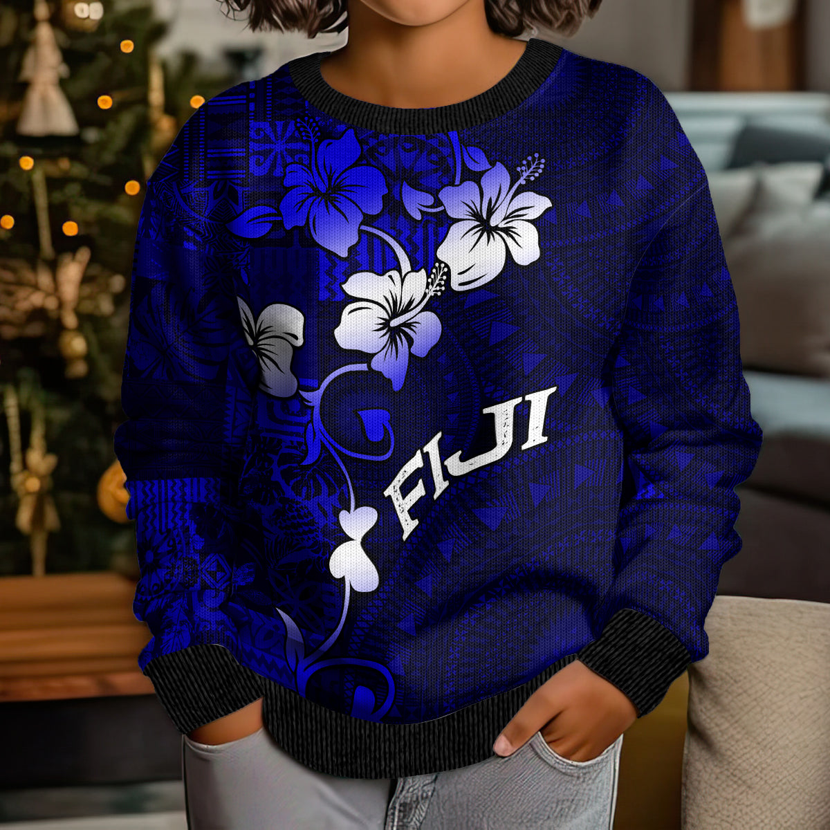 Fiji Masi Kid Ugly Christmas Sweater Fijian Hibiscus Navy Blue Gold Version LT01 - Polynesian Pride