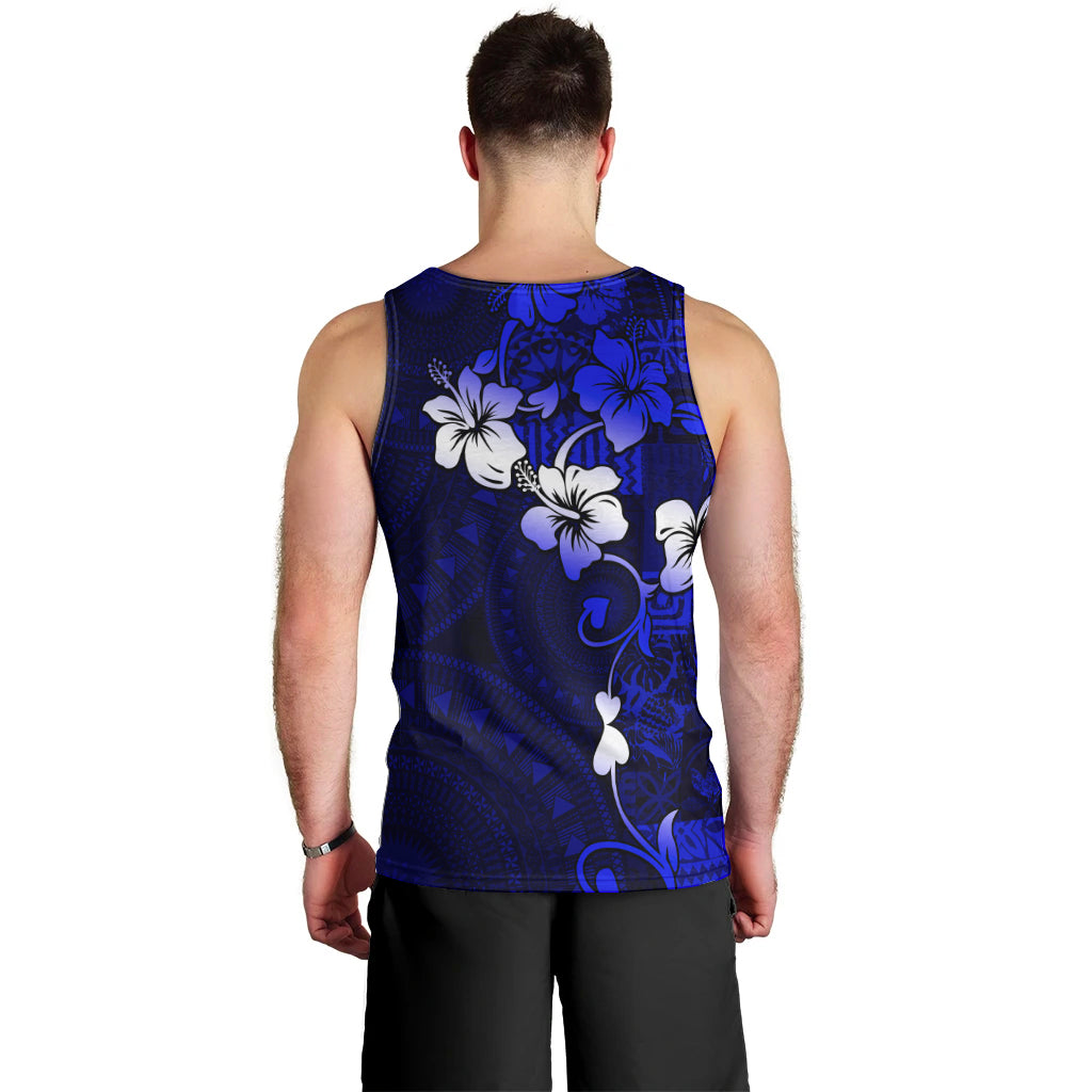 Fiji Masi Men Tank Top Fijian Hibiscus Navy Blue Gold Version LT01 - Polynesian Pride