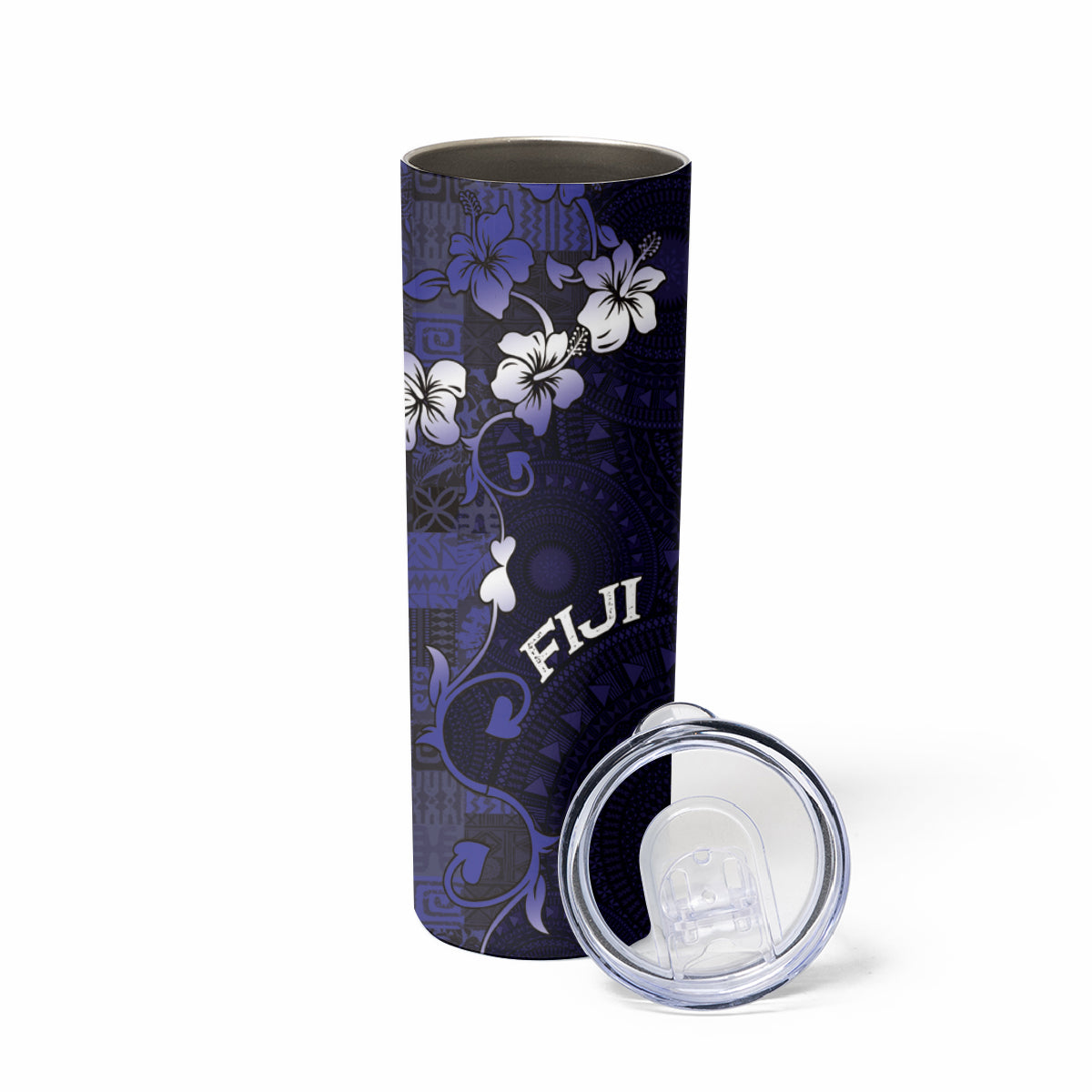 Fiji Masi Skinny Tumbler Fijian Hibiscus Tapa Navy Blue Version LT01 - Polynesian Pride