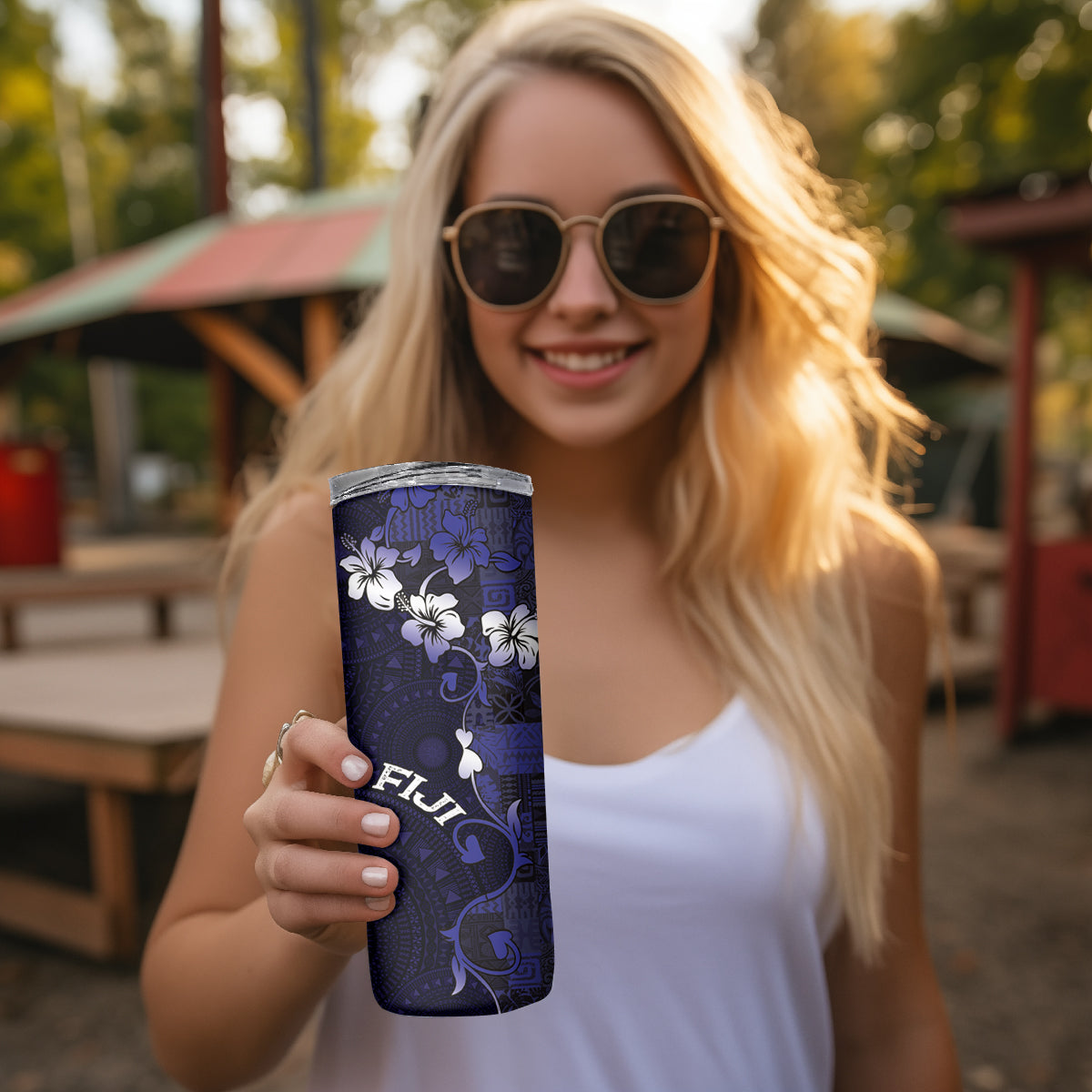Fiji Masi Skinny Tumbler Fijian Hibiscus Tapa Navy Blue Version LT01 - Polynesian Pride
