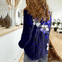 Fiji Masi Women Casual Shirt Fijian Hibiscus Navy Blue Gold Version LT01 - Polynesian Pride