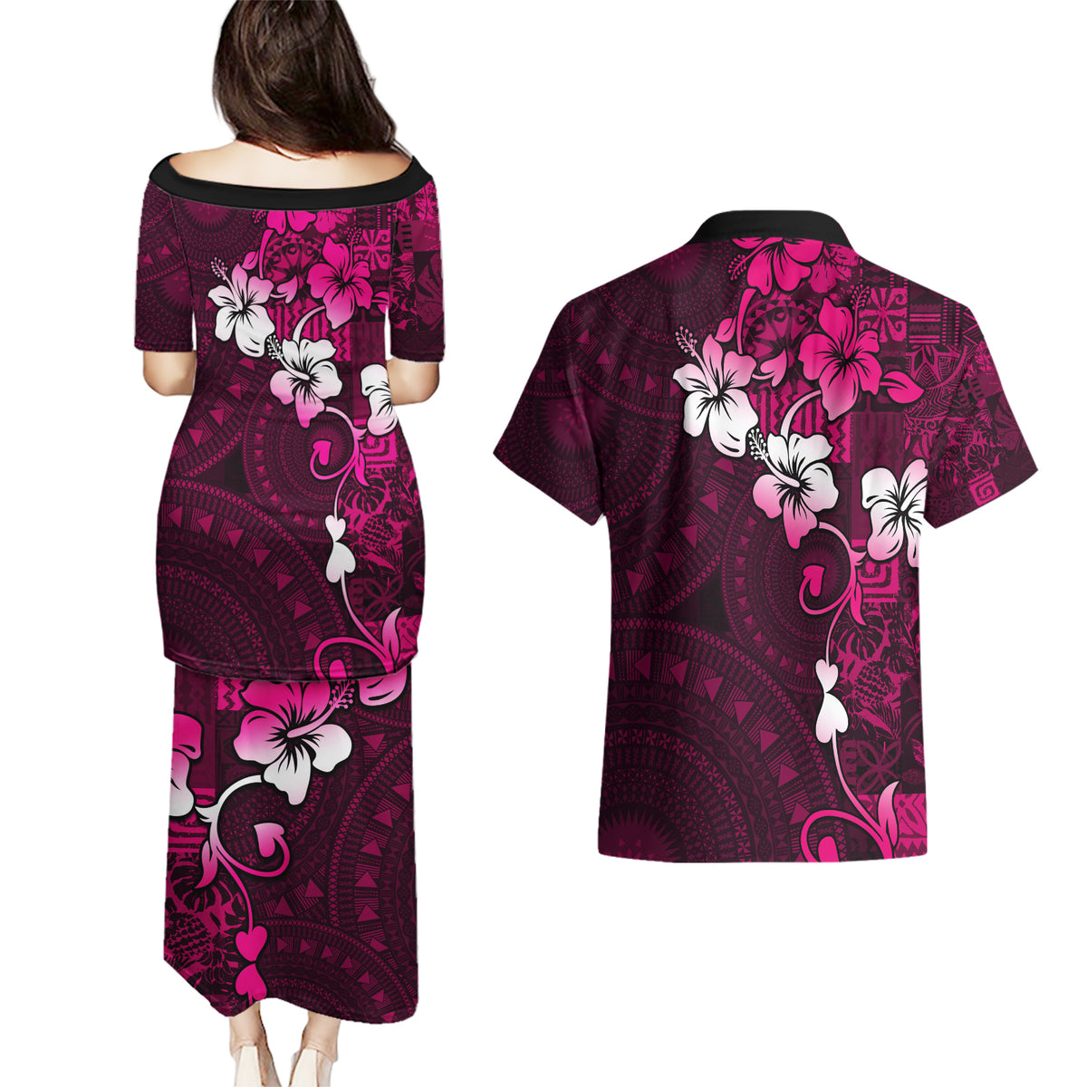 Fiji Masi Couples Matching Puletasi Dress and Hawaiian Shirt Fijian Hibiscus Tapa Pink Version LT01 - Polynesian Pride