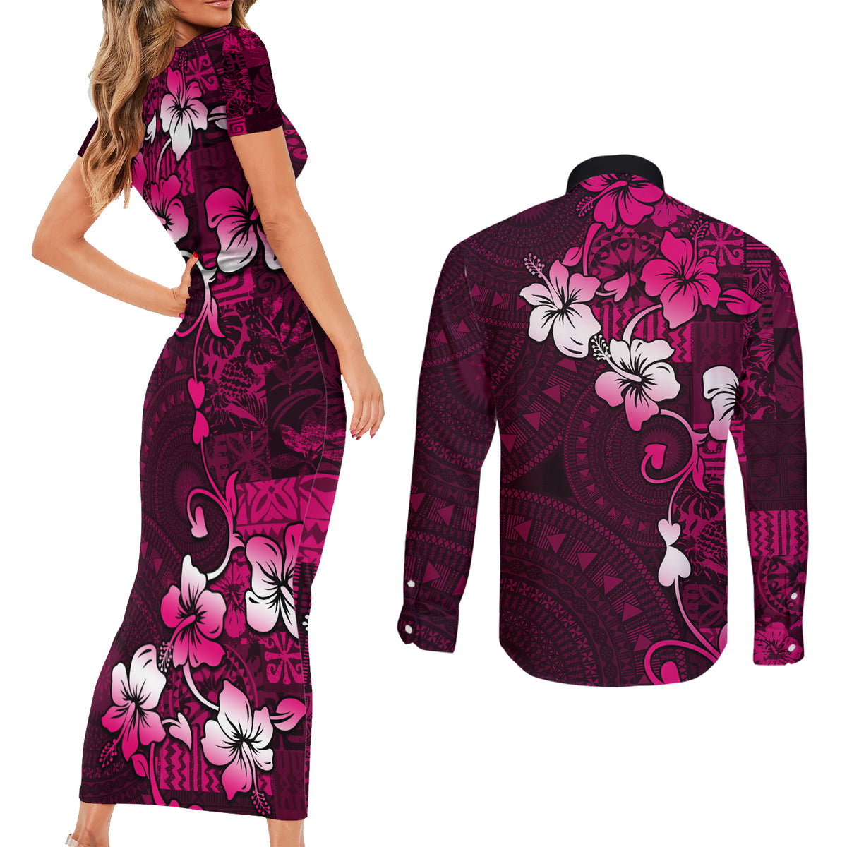 Fiji Masi Couples Matching Short Sleeve Bodycon Dress and Long Sleeve Button Shirt Fijian Hibiscus Tapa Pink Version LT01 - Polynesian Pride