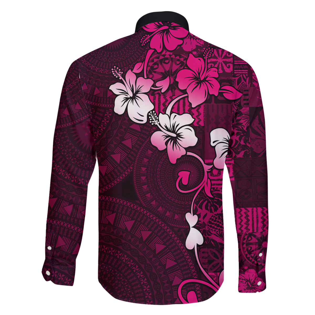 Fiji Masi Family Matching Off Shoulder Long Sleeve Dress and Hawaiian Shirt Fijian Hibiscus Tapa Pink Version LT01 - Polynesian Pride