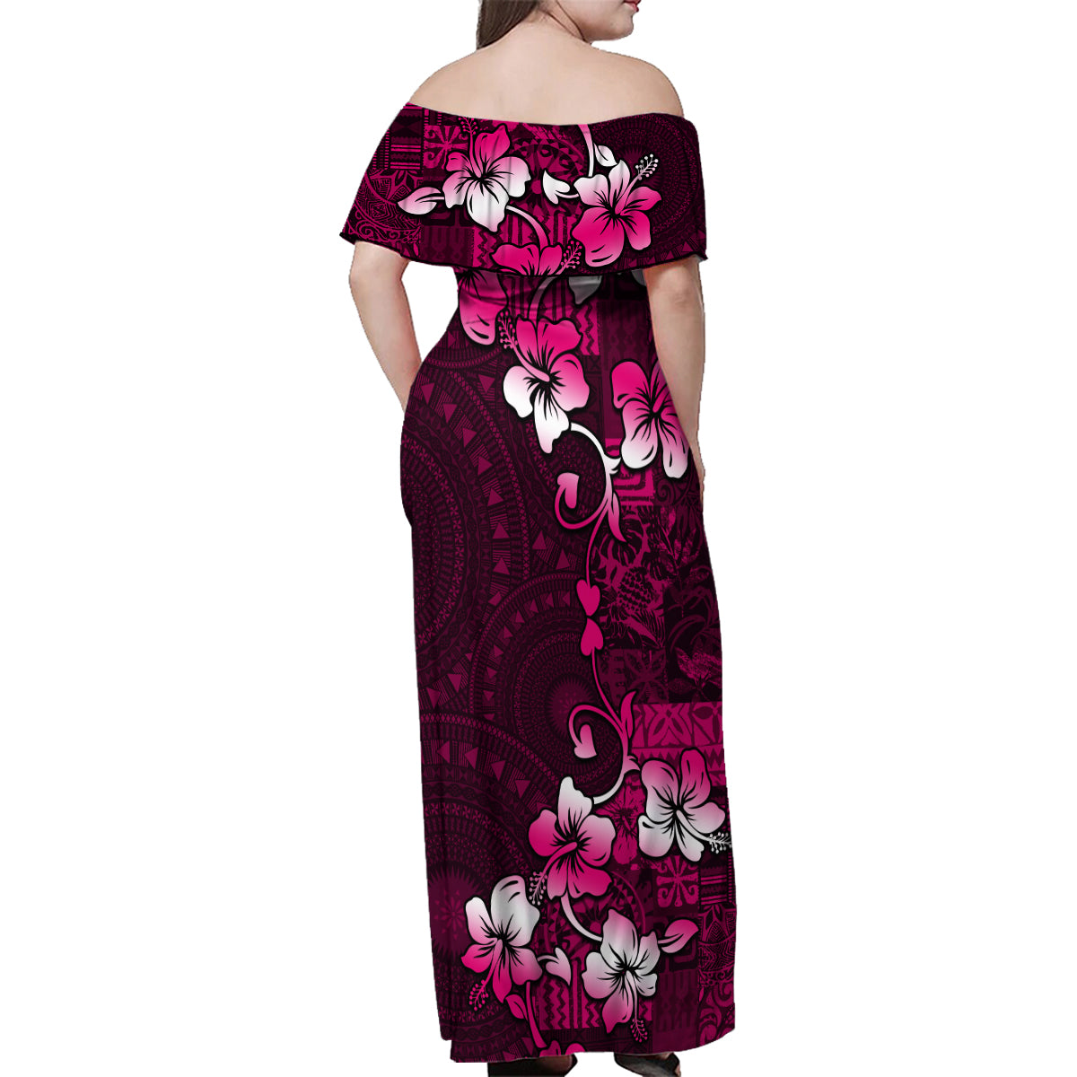 Fiji Masi Family Matching Off Shoulder Maxi Dress and Hawaiian Shirt Fijian Hibiscus Tapa Pink Version LT01 - Polynesian Pride