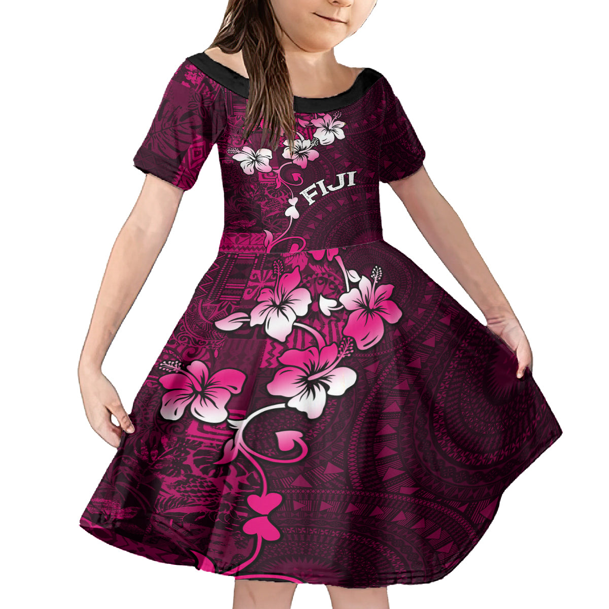 Fiji Masi Family Matching Tank Maxi Dress and Hawaiian Shirt Fijian Hibiscus Tapa Pink Version LT01 Daughter's Dress Pink - Polynesian Pride