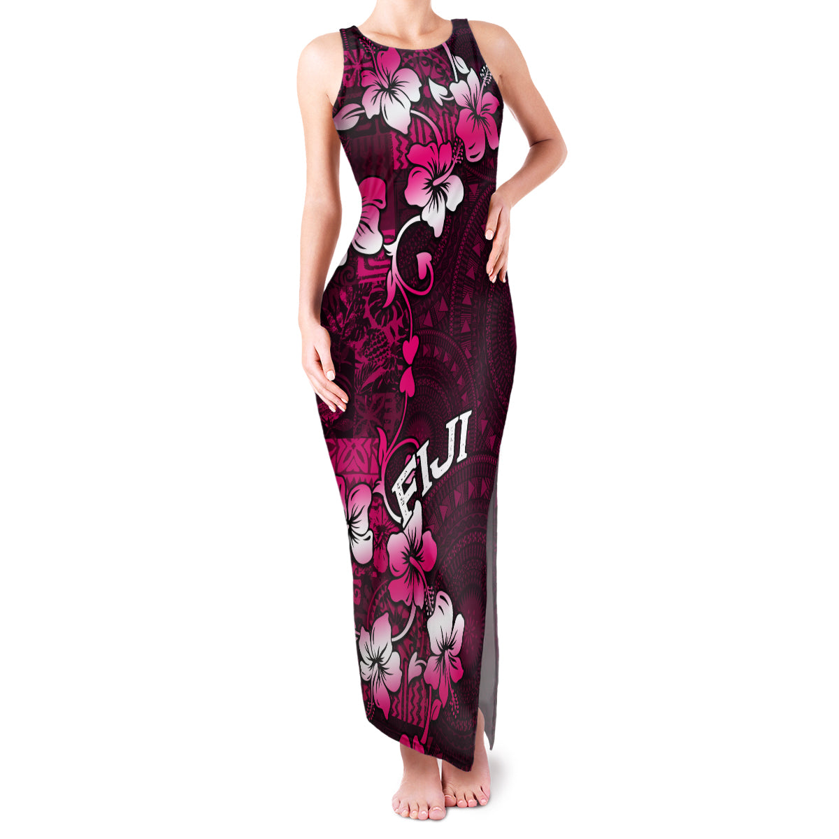 Fiji Masi Family Matching Tank Maxi Dress and Hawaiian Shirt Fijian Hibiscus Tapa Pink Version LT01 Mom's Dress Pink - Polynesian Pride