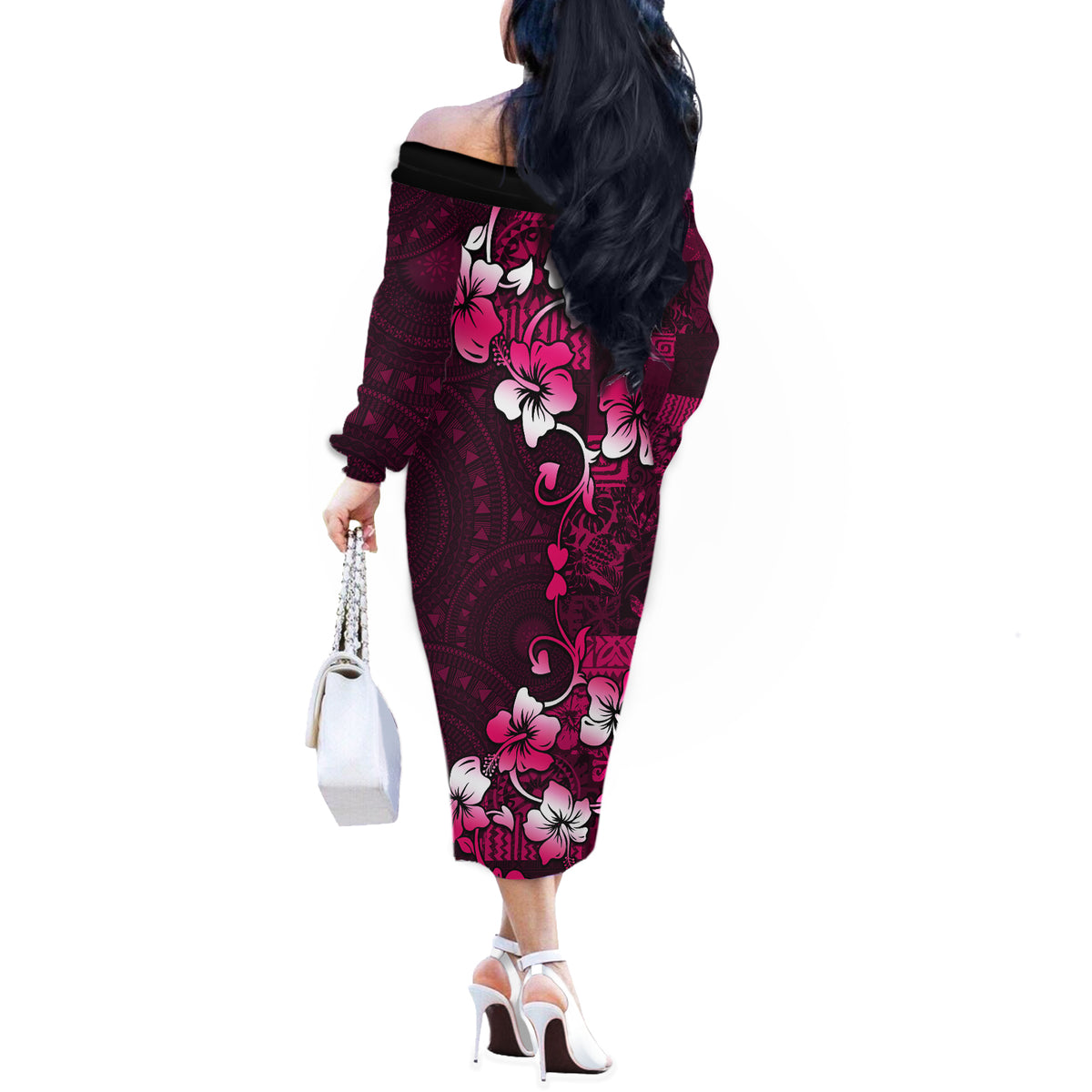 Fiji Masi Off The Shoulder Long Sleeve Dress Fijian Hibiscus Tapa Pink Version LT01 - Polynesian Pride