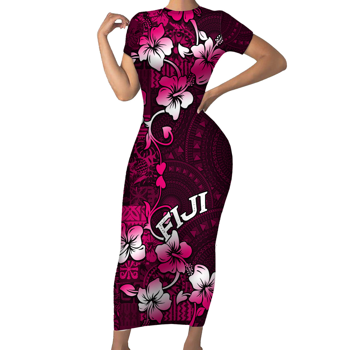 Fiji Masi Short Sleeve Bodycon Dress Fijian Hibiscus Tapa Pink Version LT01 Long Dress Pink - Polynesian Pride