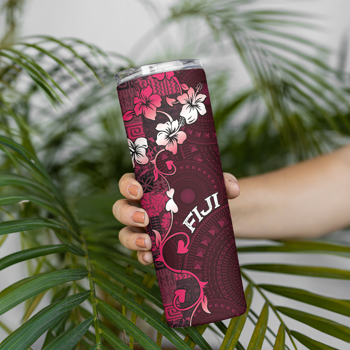 Fiji Masi Skinny Tumbler Fijian Hibiscus Tapa Pink Version LT01 - Polynesian Pride