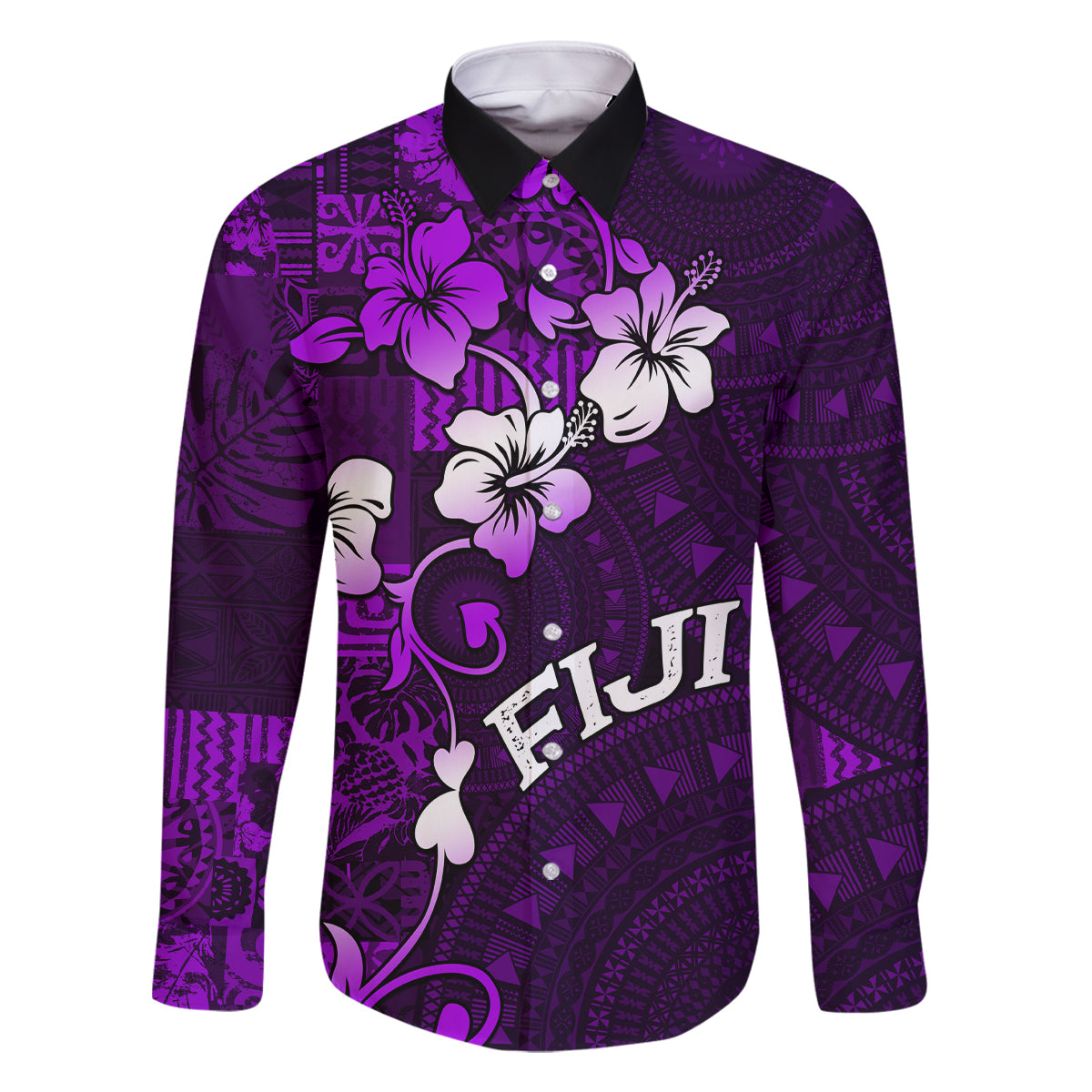 Fiji Masi Family Matching Summer Maxi Dress and Hawaiian Shirt Fijian Hibiscus Tapa Purple Version LT01 Dad's Shirt - Long Sleeve Purple - Polynesian Pride