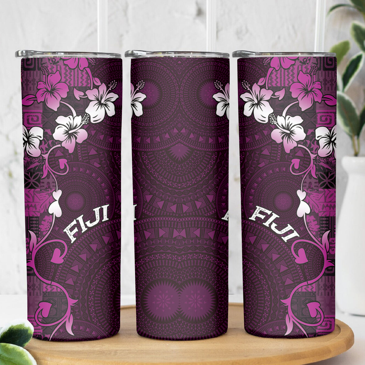 Fiji Masi Skinny Tumbler Fijian Hibiscus Tapa Purple Version LT01 - Polynesian Pride
