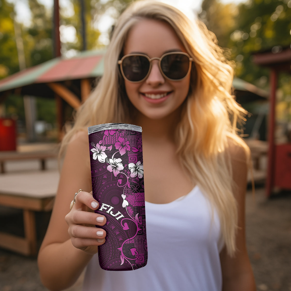 Fiji Masi Skinny Tumbler Fijian Hibiscus Tapa Purple Version LT01 - Polynesian Pride