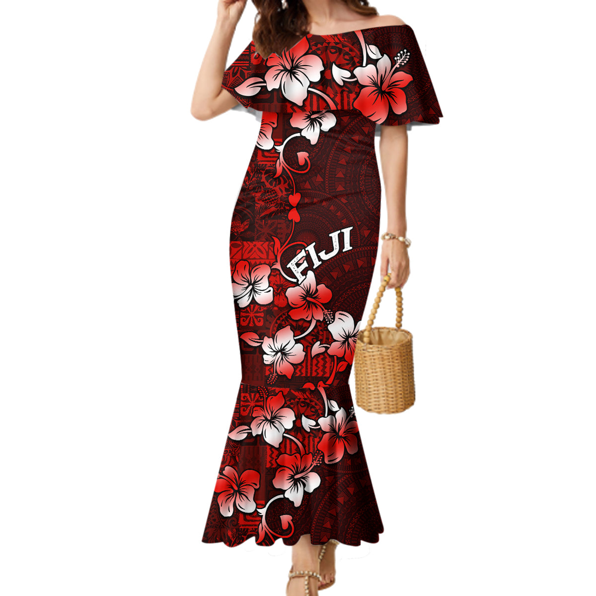 Fiji Masi Family Matching Mermaid Dress and Hawaiian Shirt Fijian Hibiscus Tapa Red Version LT01 Mom's Dress Red - Polynesian Pride