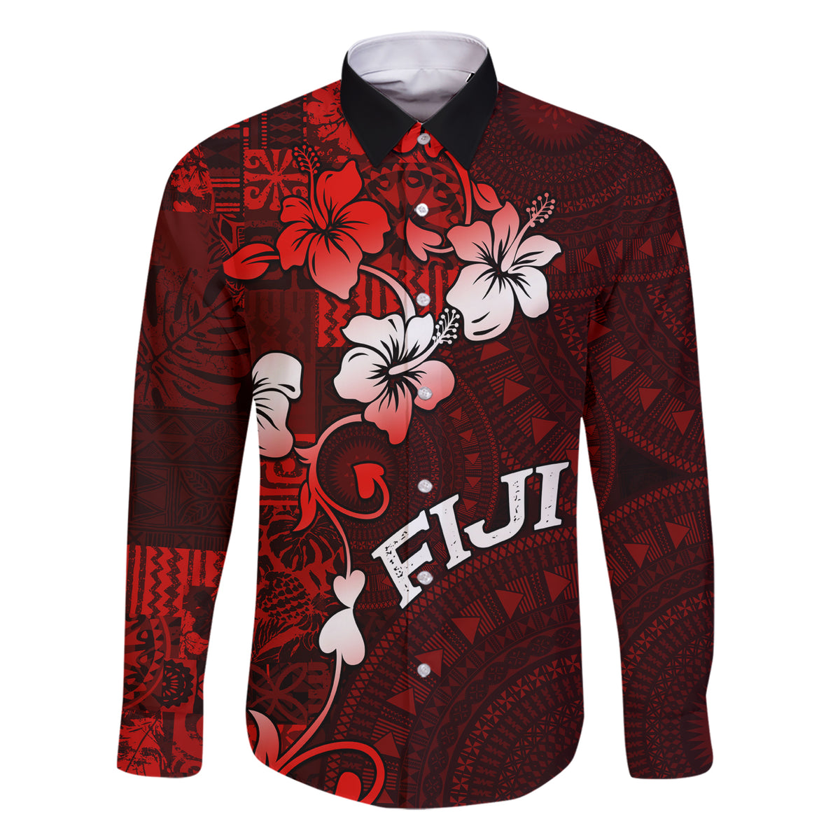 Fiji Masi Family Matching Short Sleeve Bodycon Dress and Hawaiian Shirt Fijian Hibiscus Tapa Red Version LT01 Dad's Shirt - Long Sleeve Red - Polynesian Pride