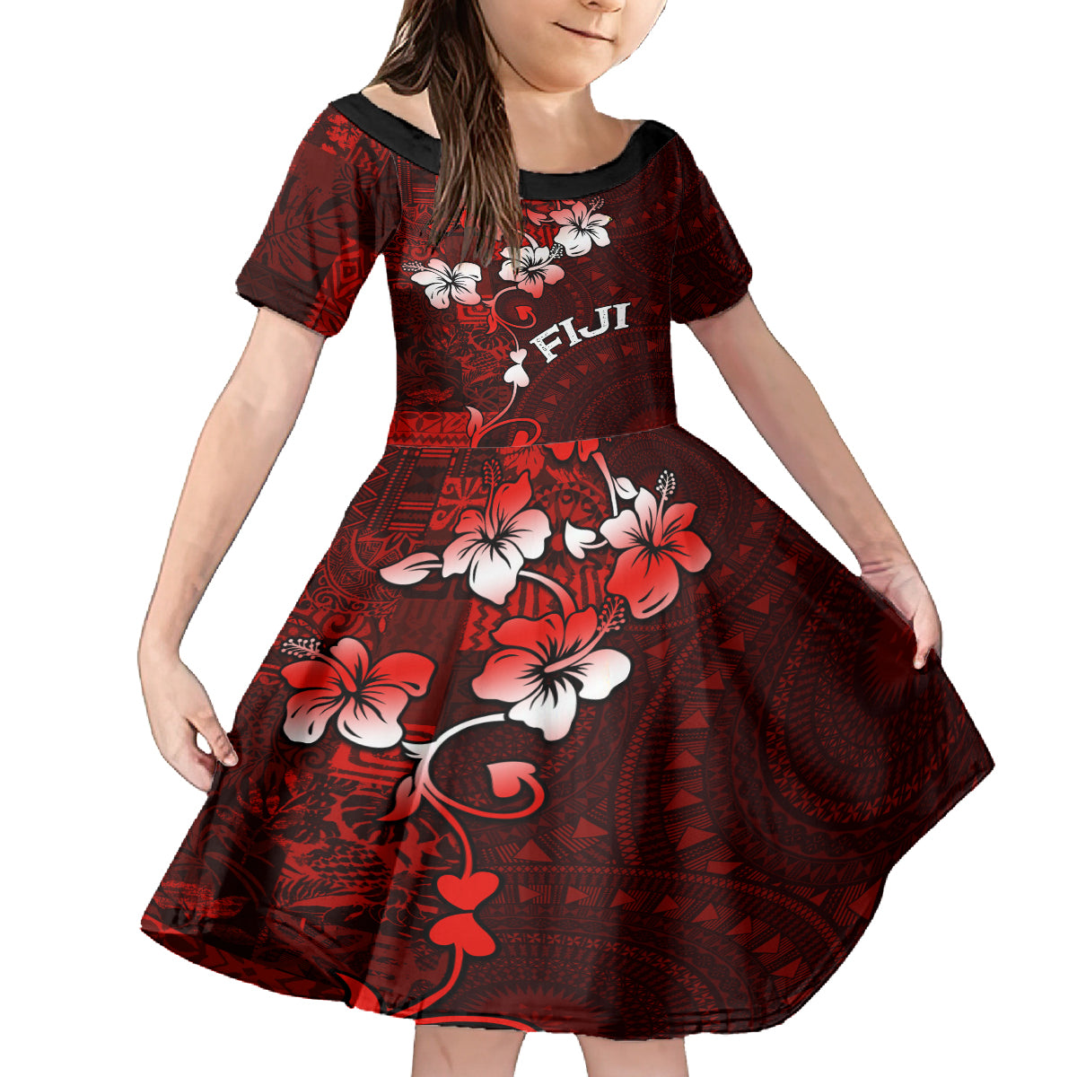 Fiji Masi Family Matching Tank Maxi Dress and Hawaiian Shirt Fijian Hibiscus Tapa Red Version LT01 Daughter's Dress Red - Polynesian Pride