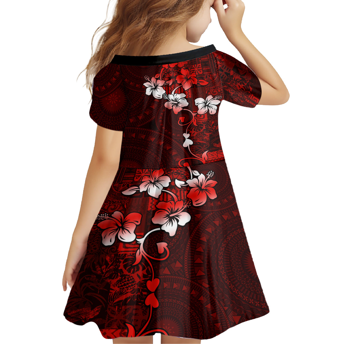 Fiji Masi Kid Short Sleeve Dress Fijian Hibiscus Tapa Red Version LT01 - Polynesian Pride