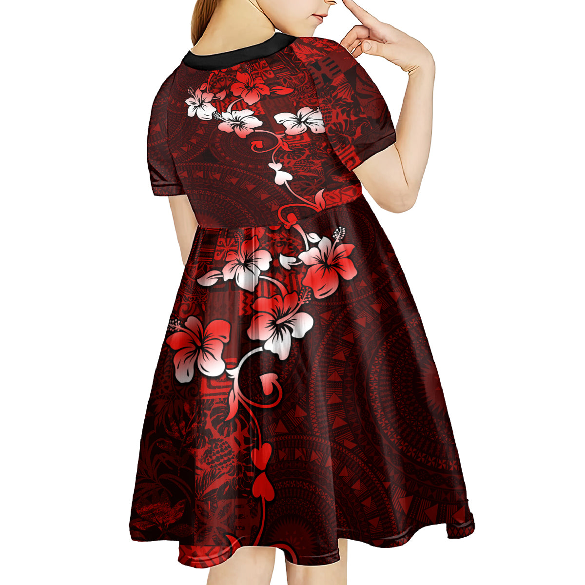 Fiji Masi Kid Short Sleeve Dress Fijian Hibiscus Tapa Red Version LT01 - Polynesian Pride