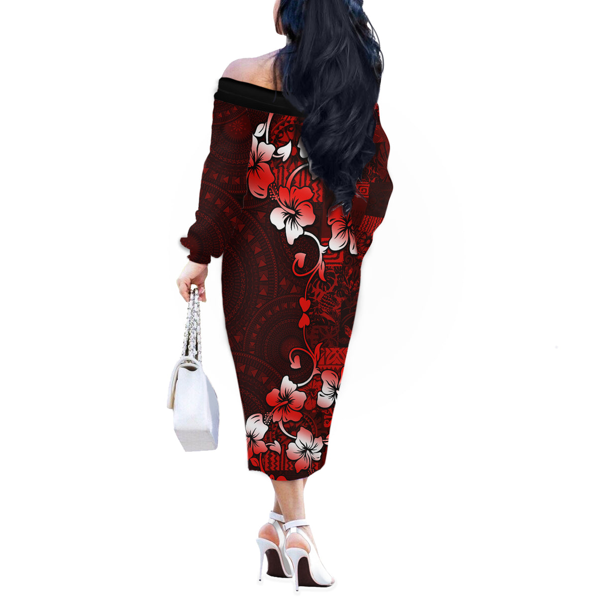 Fiji Masi Off The Shoulder Long Sleeve Dress Fijian Hibiscus Tapa Red Version LT01 - Polynesian Pride
