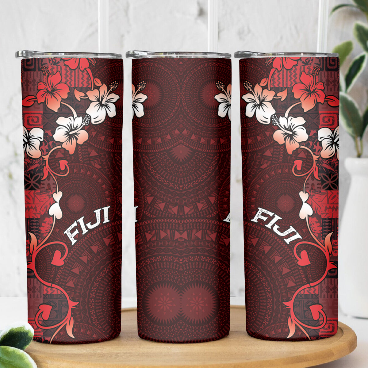 Fiji Masi Skinny Tumbler Fijian Hibiscus Tapa Red Version LT01 - Polynesian Pride