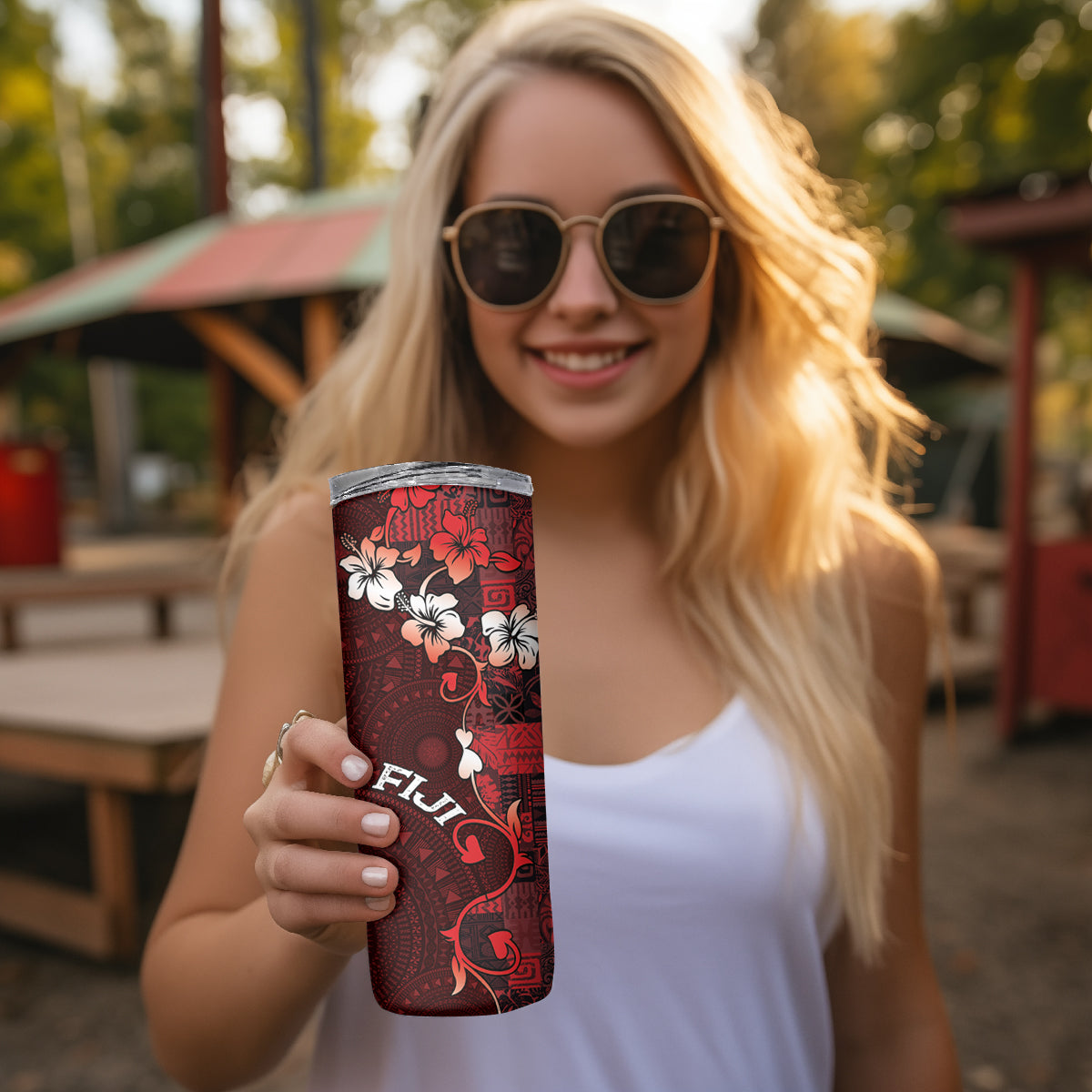 Fiji Masi Skinny Tumbler Fijian Hibiscus Tapa Red Version LT01 - Polynesian Pride