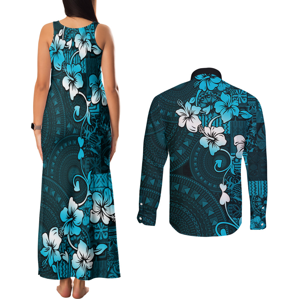 Fiji Masi Couples Matching Tank Maxi Dress and Long Sleeve Button Shirt Fijian Hibiscus Tapa Sky Blue Version LT01 - Polynesian Pride